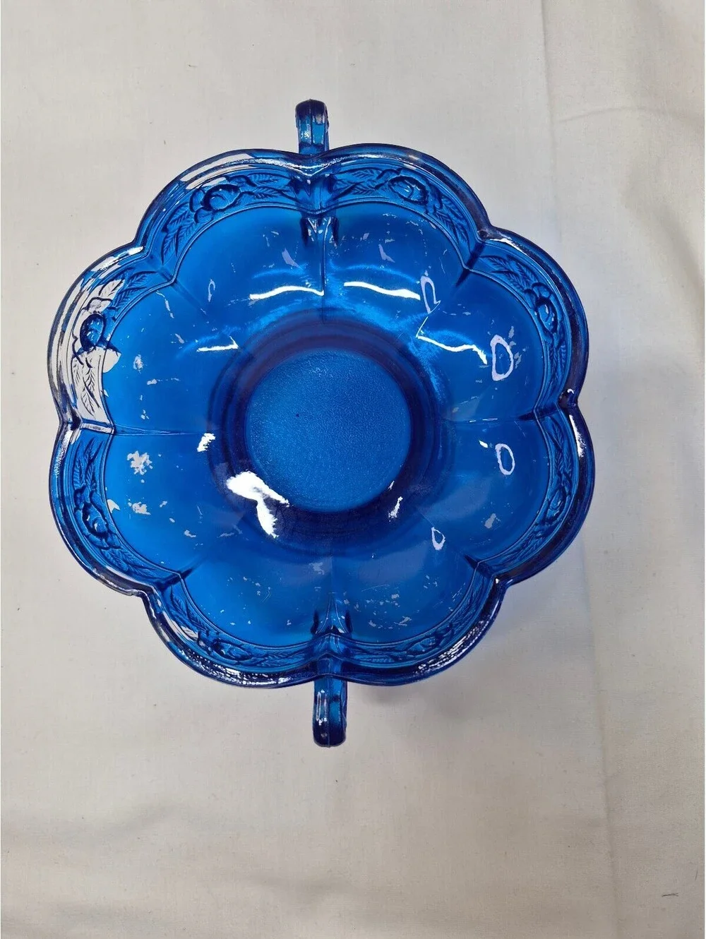 Vintage Glass Decorative Bowl with Blue Paint and Handles J4